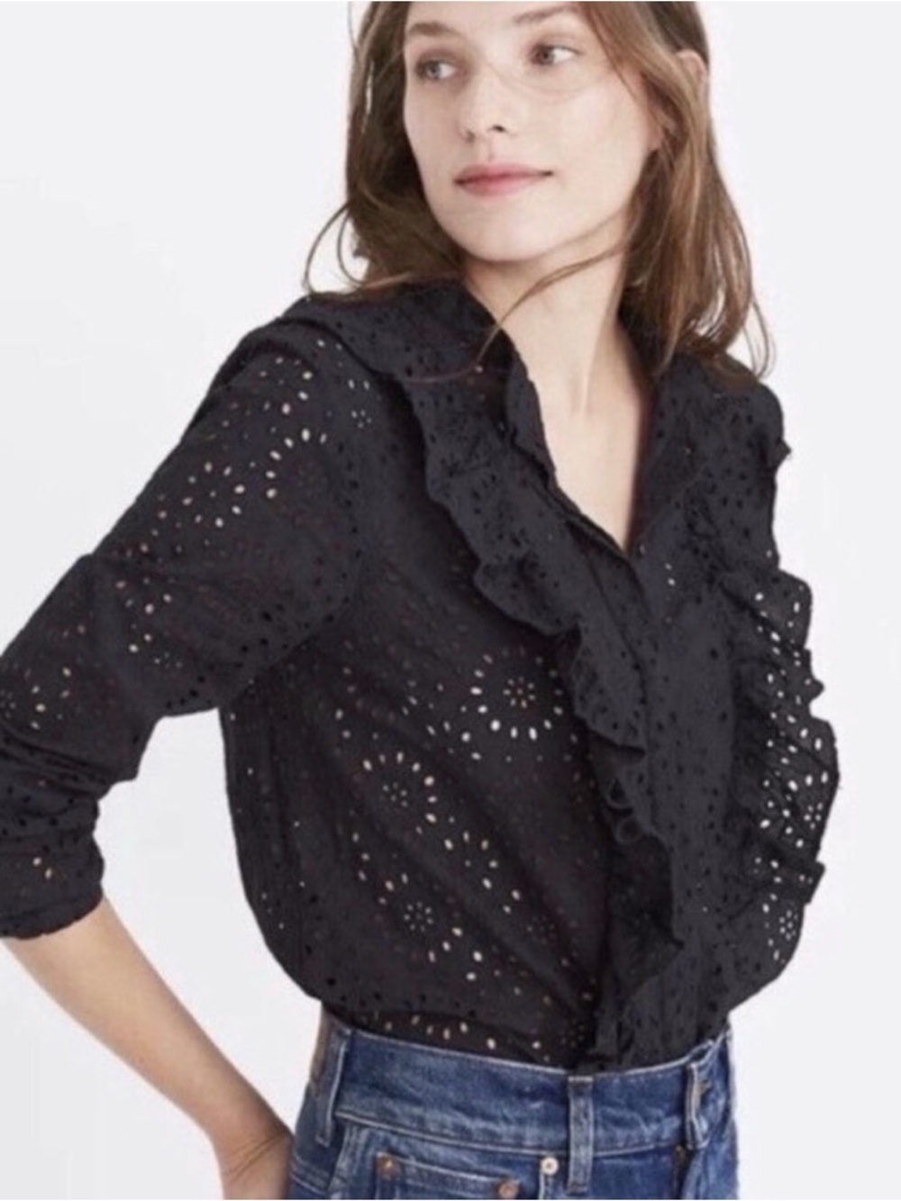 Madewell Black Eyelet Ruffle Button-Front Blouse